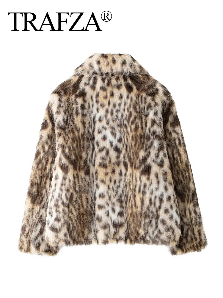 TRAFZA 2024 Woman Lapel Long Sleeves Side Pockets Casual Coat Women Winter Leopard Print Faux Fur Loose Slim Warm Coat Mujer - reetell