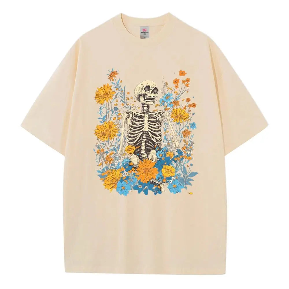 T shirt baggy style pure cotton drop shoulder unisex tops Garden Centre skeleton vintage graphic t shirts breathable print