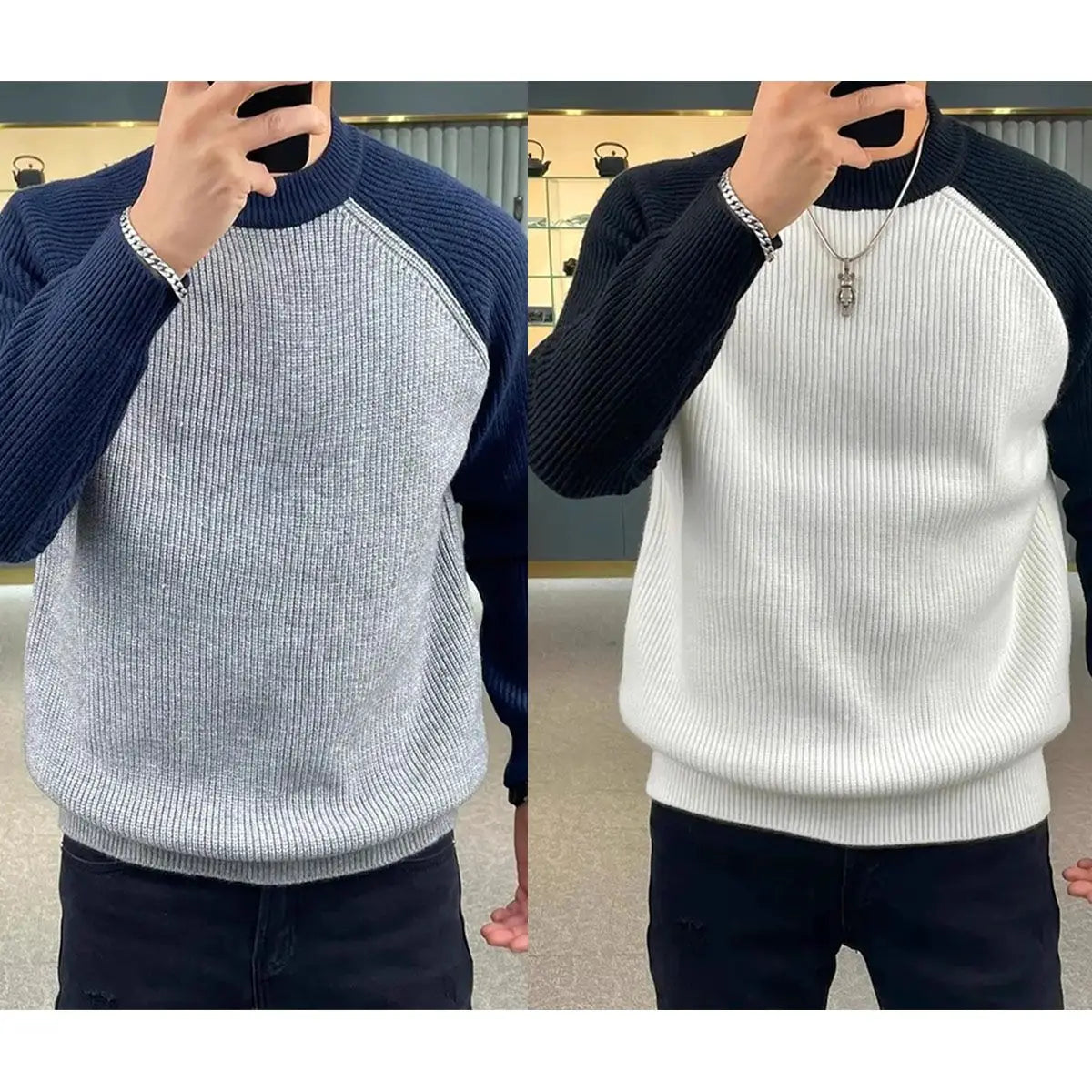 Autumn Winter Mens Sweaters Casual Warm Loose Fashion Patchwork Pullover Retro Harajuku Round Neck Knitted Bottoming Shirt - reetell