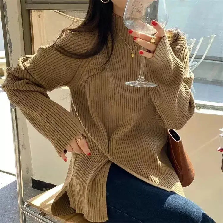 Women's Knit Sweater Off-white Loose Turtleneck Ladies PulloversButtons Slit Hot Sale Winter Offers Trend New Knitwear 2024 - reetell