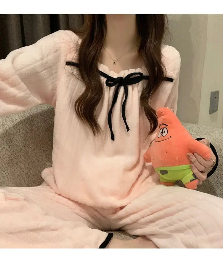 Coral Fleece Pajamas Sets for Women Autumn Winter Thick Warm Sweet Long Sleeve Sleepwear Nightgown Pijama Suit Mujer Homewear