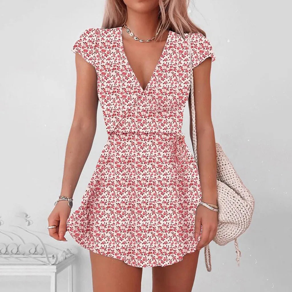 Summer European And American Women's Clothing Floral Skirt Print Floral Half V-Neck Mini Sleeve Dress Women's Dress - reetell