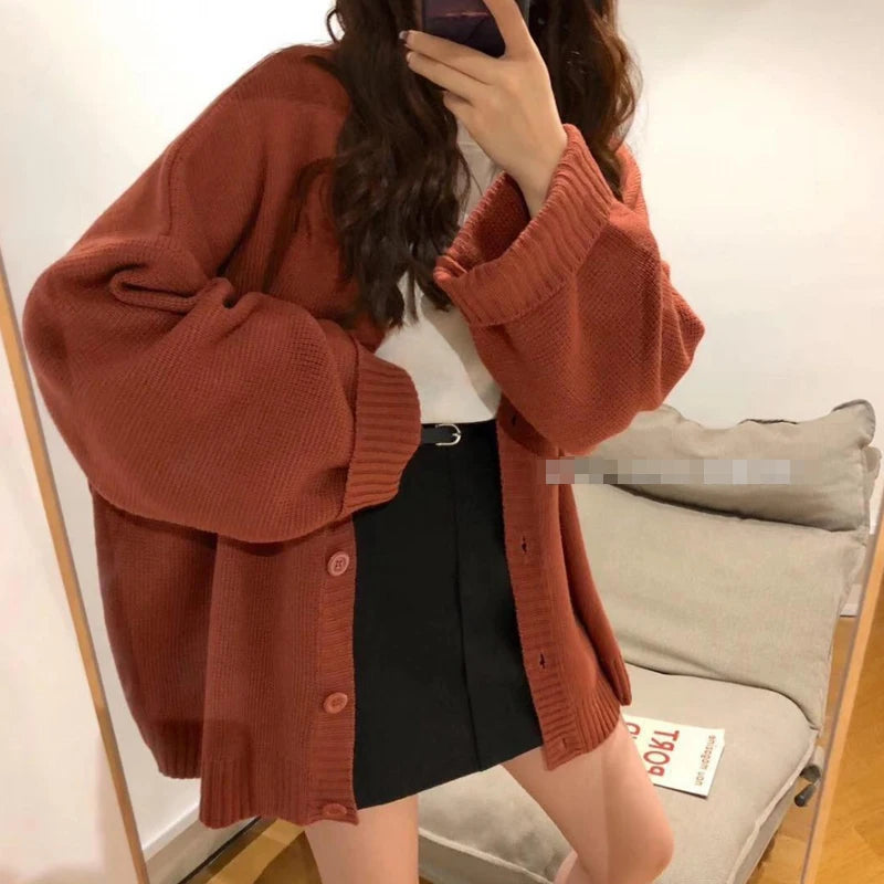 Women's Cardigan Sweater V-Neck Button-Down Oversized Knit Jacket Korean Casual Chic Outfit - reetell