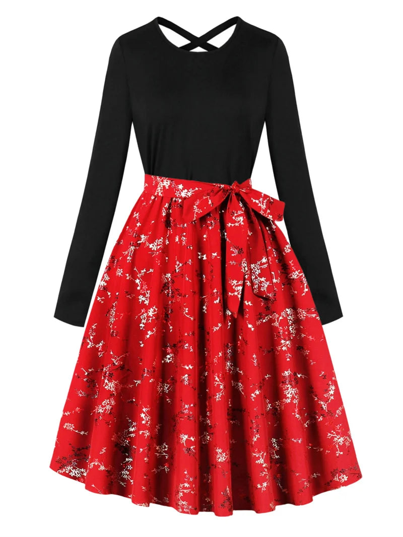 Elegant style long sleeved round neck floral print knee length bow waistband casual party base A-line dress - reetell