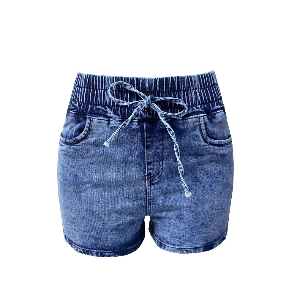 Women Summer Denim Shorts Ladies Elastic Waist Bandage Jeans Skinny Short Pants Feminina - reetell