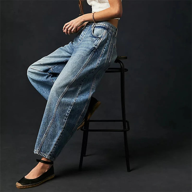 Midiross High Stretch Mid-Rise Barrel Jeans Fashion wide Leg Shape Women Casual Baggy Mid Waist Denim Jeans - reetell