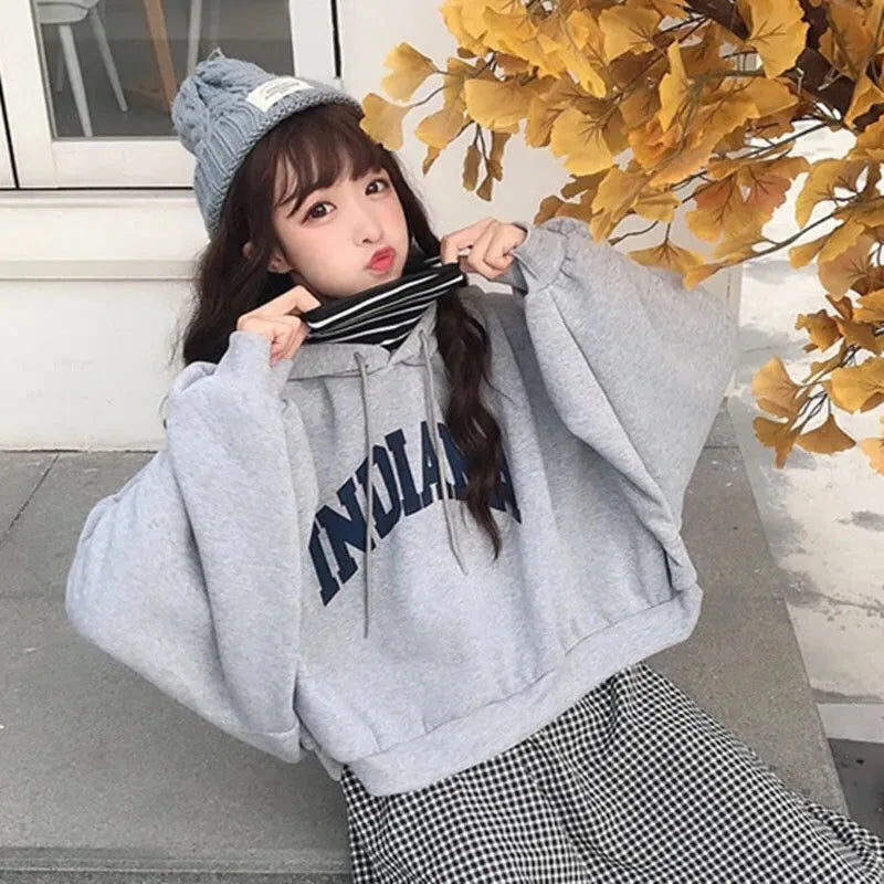 Autumn Thick Women Hoodies Fashion Loose Fake Two Piece Letter Printing Tops Harajuku Warm Preppy All Match Crop Sweatshirts - reetell