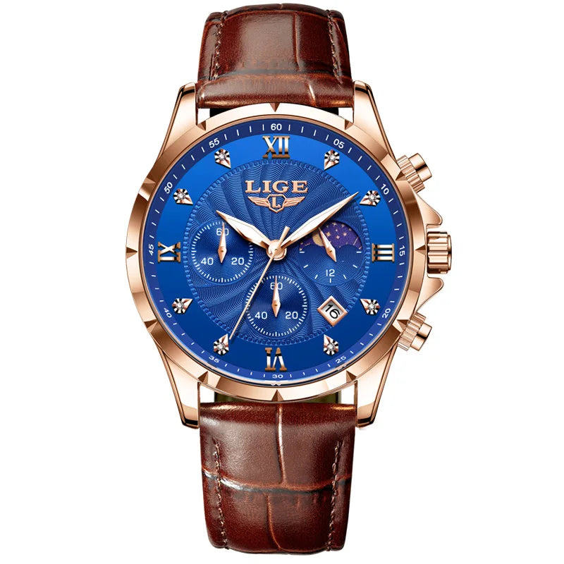 LIGE Mens Watches Casual Business Watch Men Luxury Waterproof Date Luminous Chronograph Wristwatch Quartz Watch Leather Clock