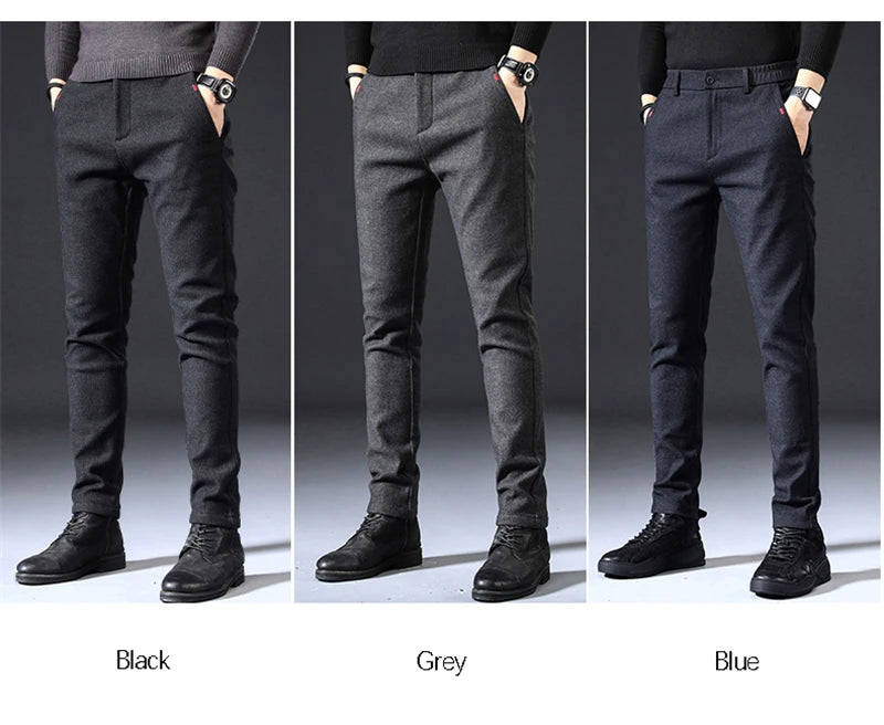 2023 New Autumn Winter Classic Work Stretch Pants Men Cotton Business Slim Fit Grey Black Korea Thick Casual Cargo Trousers Male - reetell