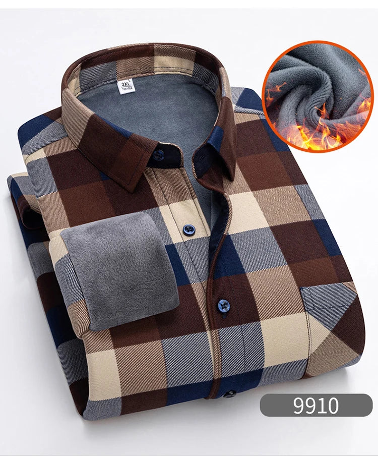 Autumn Winter Thicken Fleece Shirt Men Business Plaid Shirt Long Sleeve Warm Clothes Turn Down Collar Button Up Shirts Classic - reetell