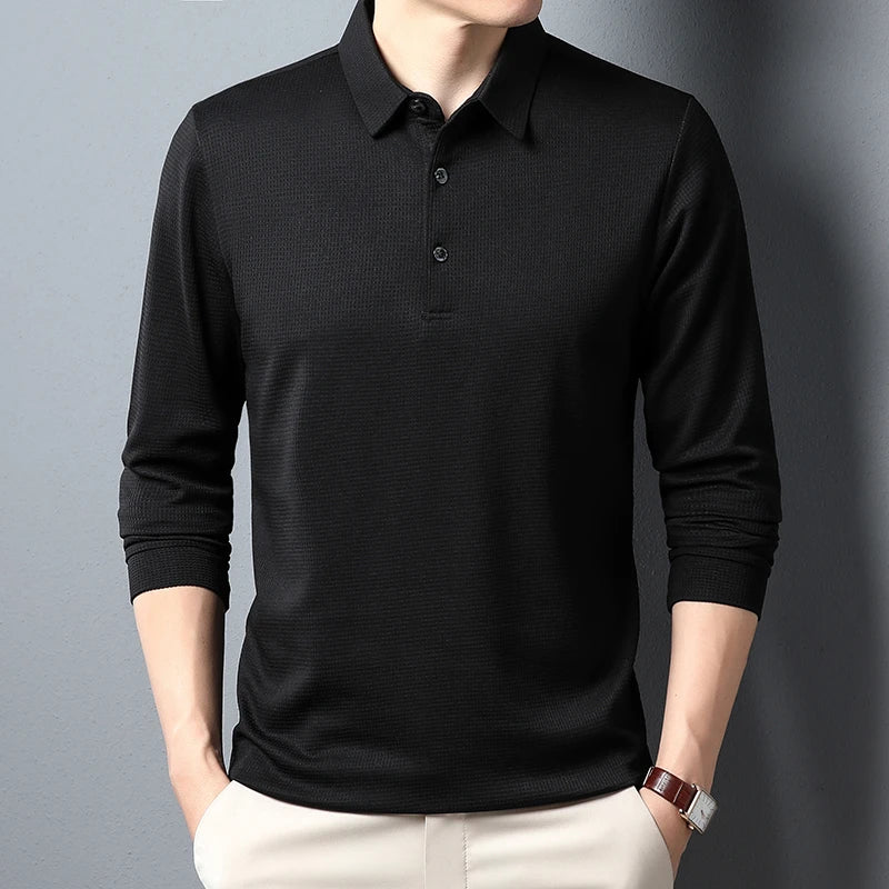 Men's Business Casual Polo Long Sleeve T-shirt Summer Comfortable  Solid Cotton Top