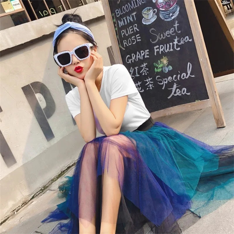 Fashion Summer Tutu Women Skirt Harajuku Tulle Bottom Faldas Casual High Waist Midi Mesh Skirts Woman Clothes Saia Jupe Femme - reetell