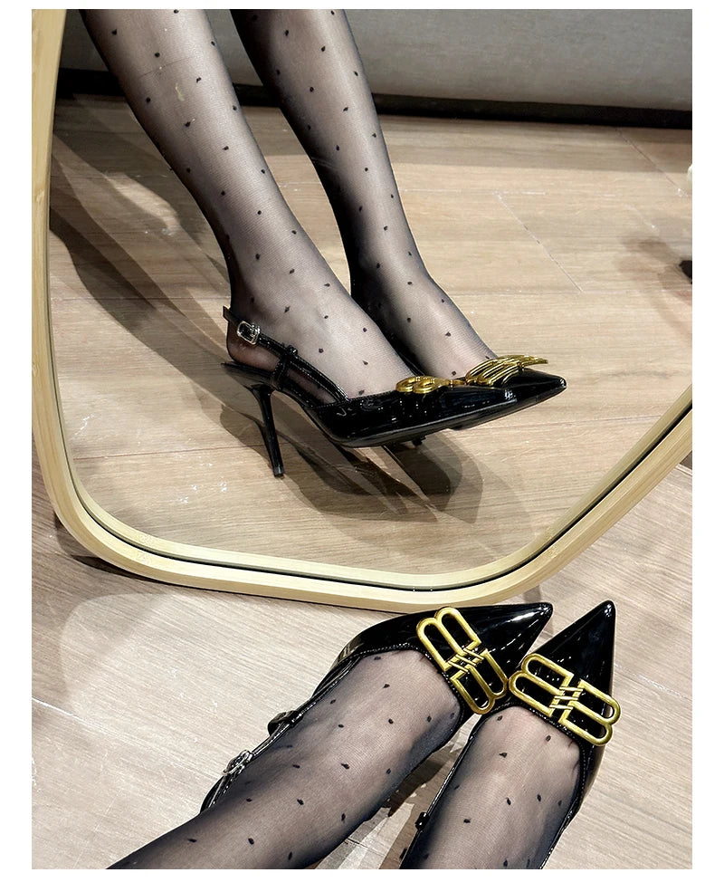 2024 New Pointed Black High Heels, Women's Thin Heels, Water Diamonds, One Line with Baotou Sandals and Button Single Shoes - reetell