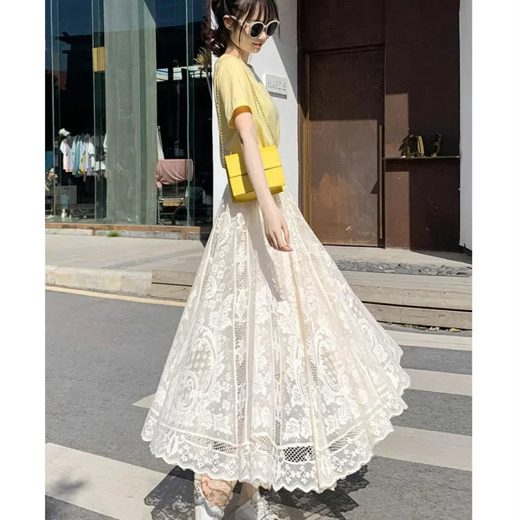 Lace High Waist Skirt Women Faldas Ropa Mujer Casual Loose Summer White Long Skirts Ladies Fashion Jupe Solid Woman Clothes Saia - reetell