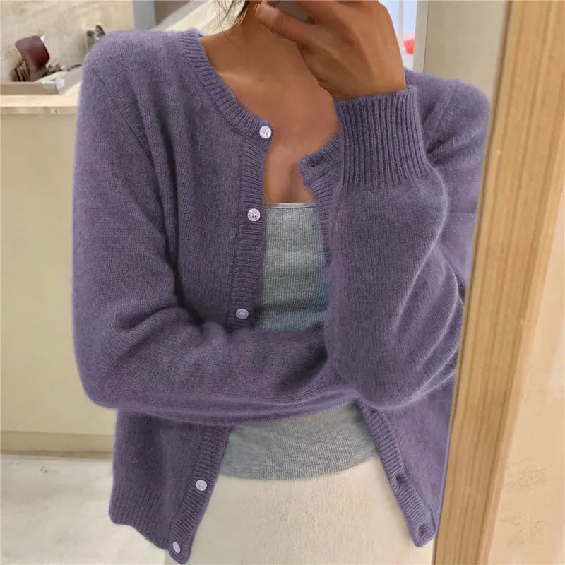 Solid Color Knitted Cardigan Women Korean Single Breasted Long Sleeve Jumper Woman Round Neck All Match Cardigans Outwear 2024 - reetell