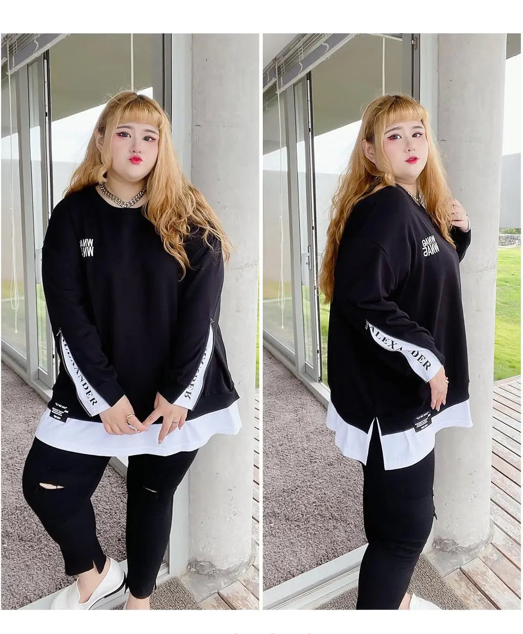 Spring Autumn New Korean Fashion Two Fake Pieces Plus Size Sweatshirt Women Letter Patchwork Casual Lady Tops Oversized Clothes - reetell