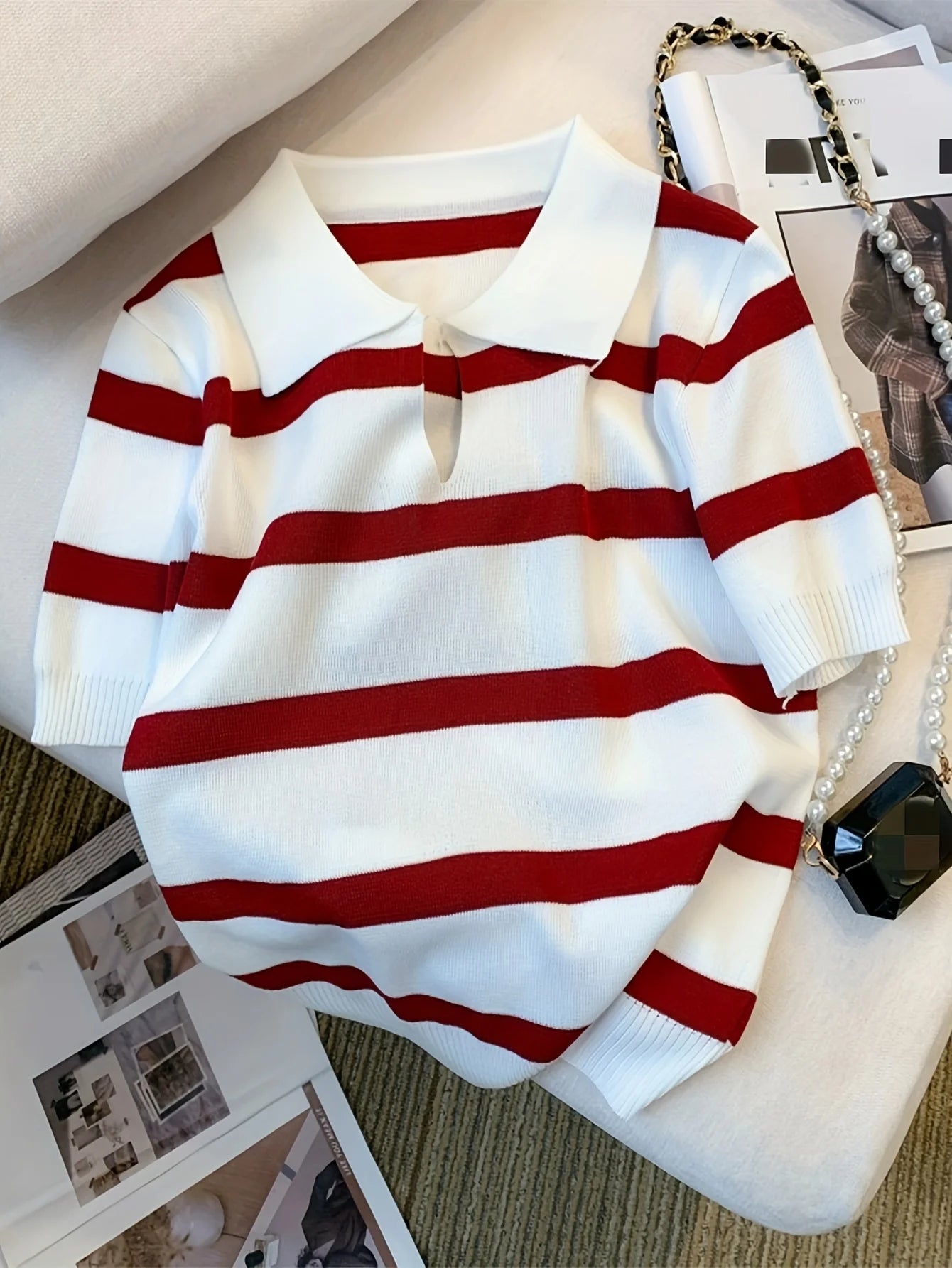 2024 New Striped Pattern Collared Sweater Versatile Short Sleeve Knitted Top For Spring & Summer Women's Clothing Crop Top - reetell