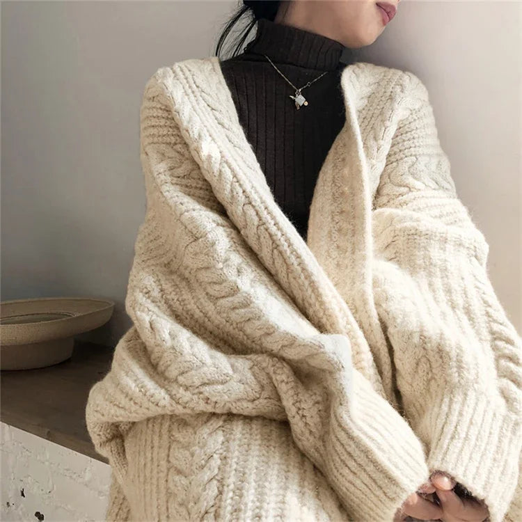 Women Cardigan Jacket Long Coat Solid Thicken Sweater Autumn Winter Street Wear Loose Warm Overcoat Female Topcoat Fashion Retro - reetell