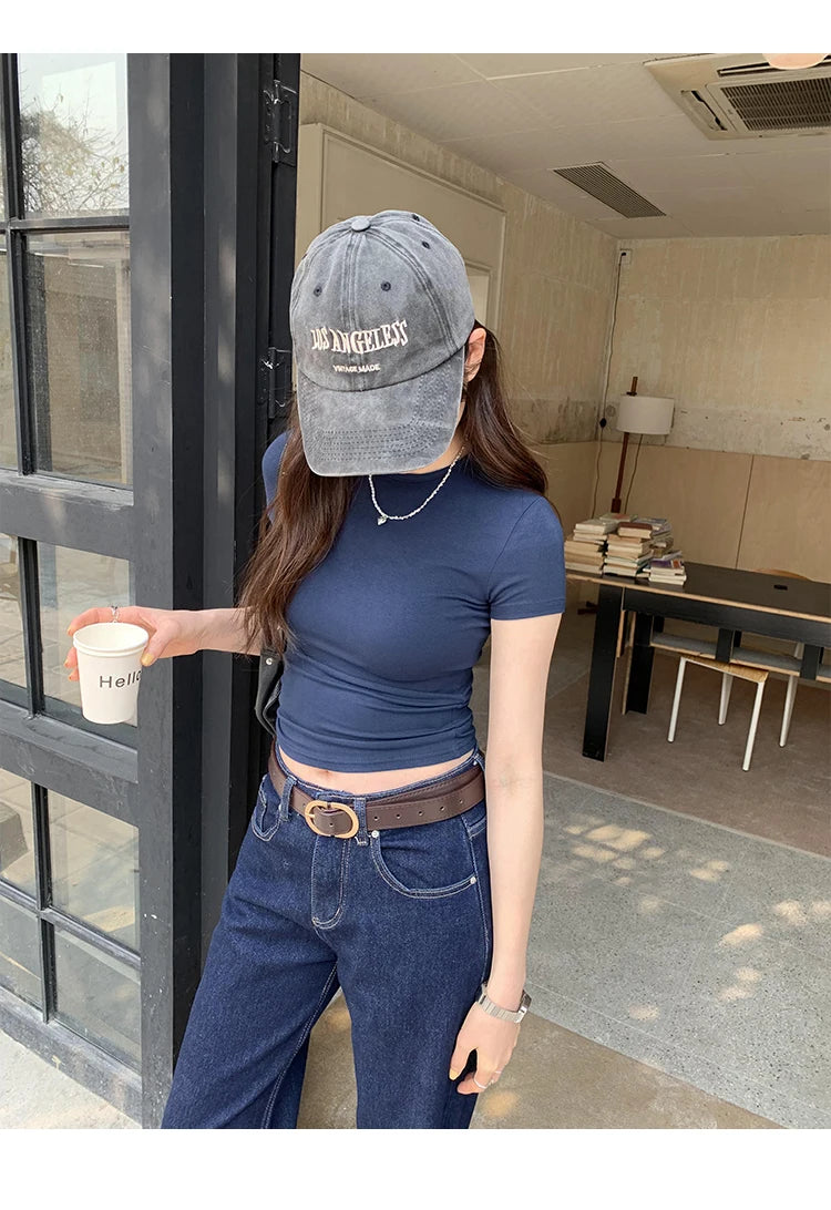 Basic Solid Crop Top Short Sleeve Crewneck Skinny T-shirt Summer Casual Tee for Women y2k Vintage Top Harajuku Streetwear - reetell