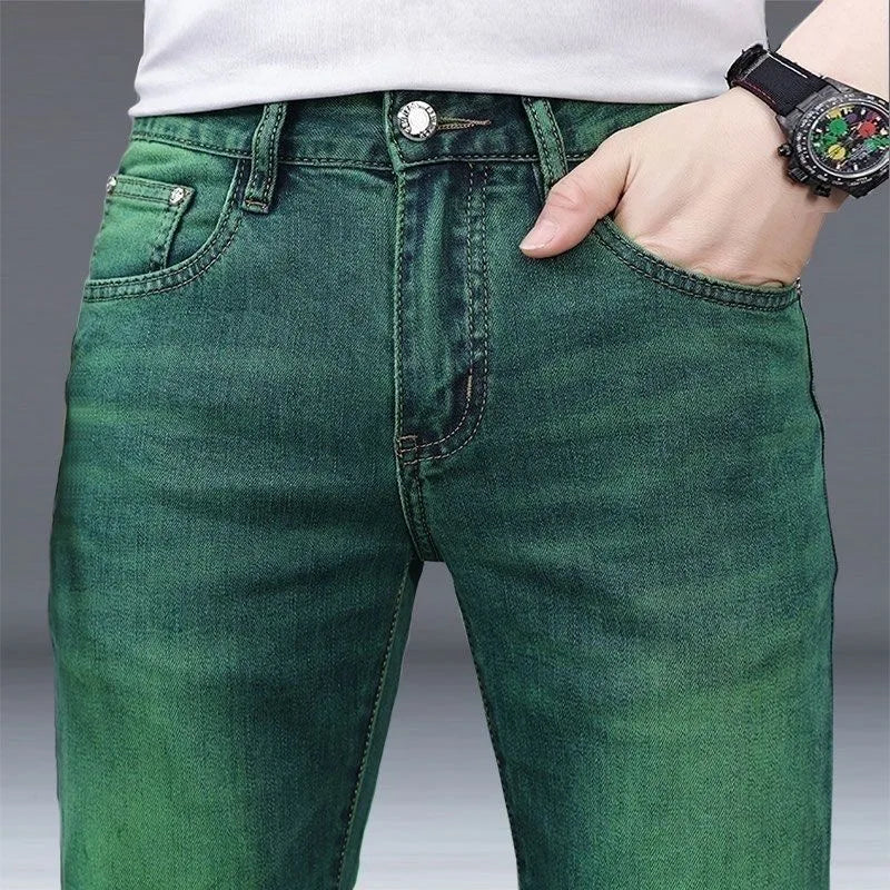 2024 Spring and Autumn New Fashion Trend Straight Leg Stretch Green Jeans Men's Casual Comfort Breathable High Quality Pants - reetell