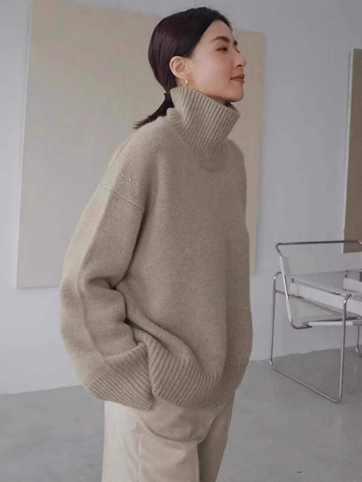 High-end soft waxy turtleneck 100% pure cashmere sweater women's lazy loose silhouette thickened sweater base wool sweater - reetell