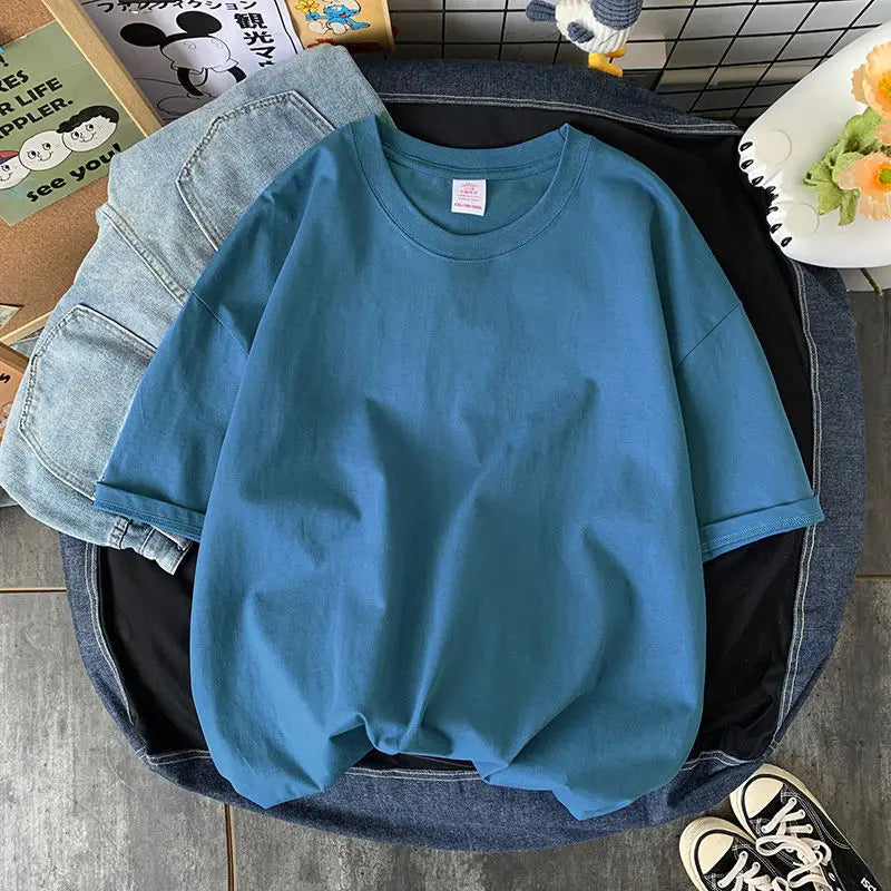 100% Cotton Half Sleeve Men Women Summer T-shirt Fashion Solid Color Simple O Neck Tops Loose Casual Basic Short-sleeved