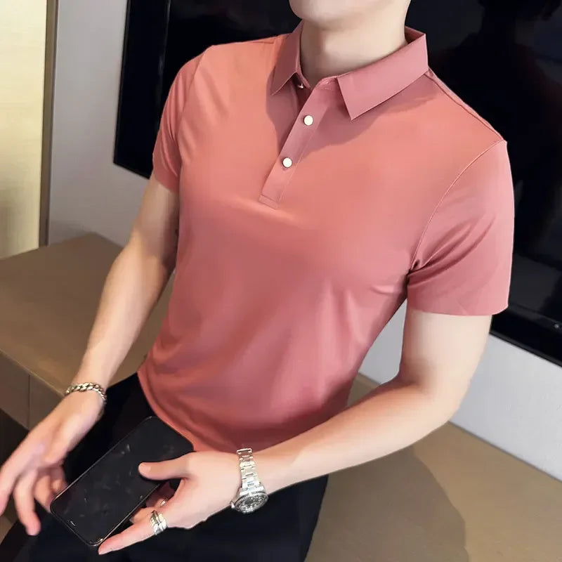 Ice Silk Traceless T-shirt Men's  Business Casual Solid Color Half Sleeve High Elasticity Top Silk Smooth Breathable POLO Shirt