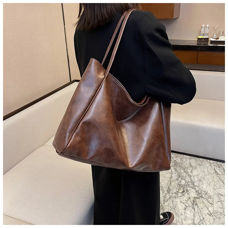 Women Tote Bag Fashion Underarm Pouch Large Capacity Soft Pu Leather Shoulder Bag Retro Crossbody Bag Casual Portable Bucket Bag