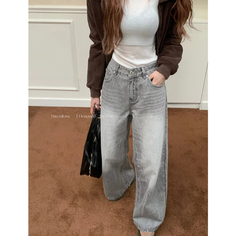 Summer Grey Womens Jeans High Waist Baggy Casual Vintage Y2K Trend Straight Cargo Pants Street American Wide Leg Denim Trouser - reetell