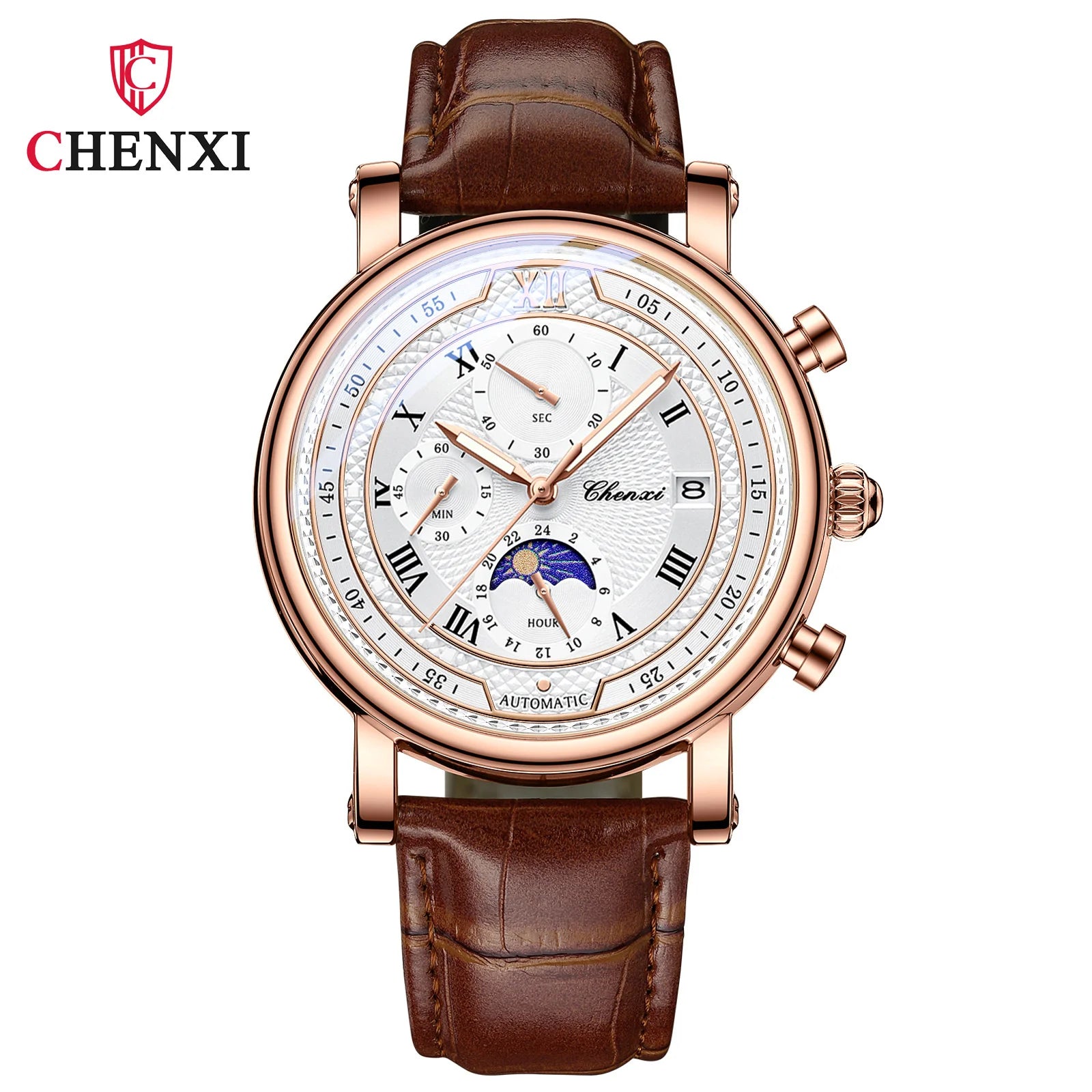 Chenxi 976 Leather Chronograph Date Men's Phase Of The Moon Timing Business Luminous Quartz Watch Relojes para hombres