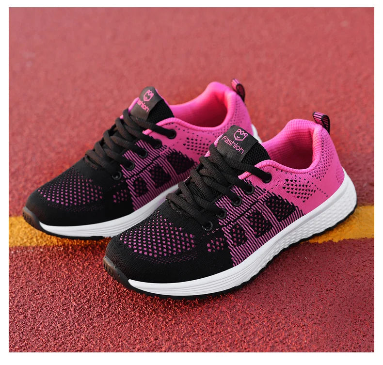 Women Casual Shoes Breathable Walking Mesh Lace Up Flat Shoes Sneakers Women Tenis Feminino Pink Black White - reetell