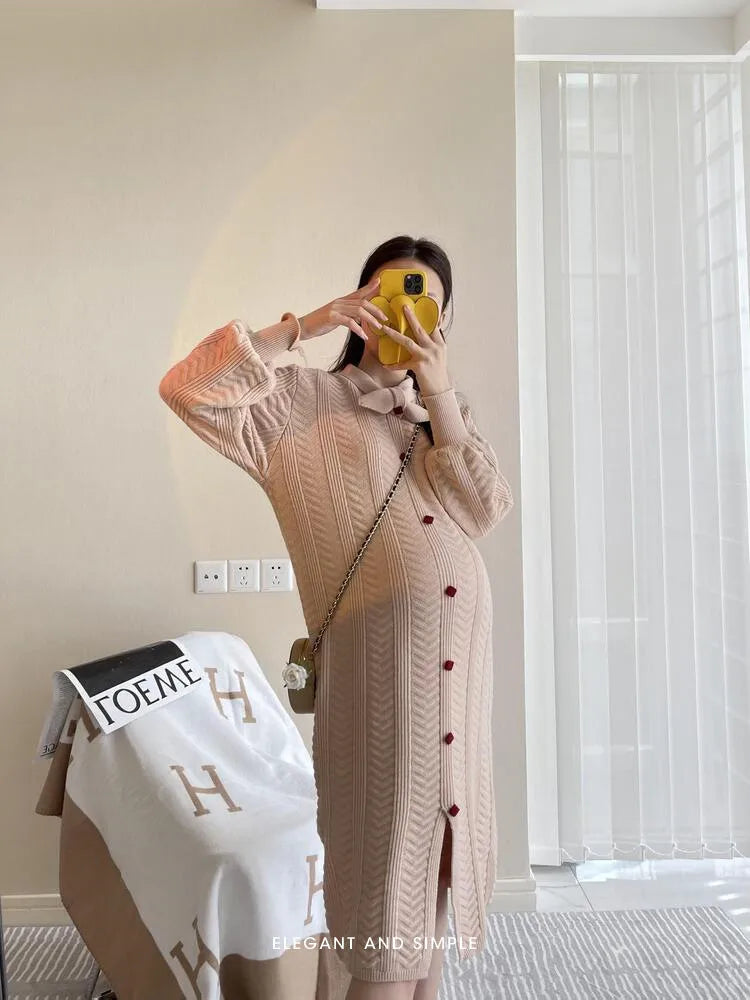 Woolen Cotton Winter Knitted Maternity Dress  Bow Collar Pregnant Clothes Elasticity Knee-Length Maternity Gown Pregnancy Dress