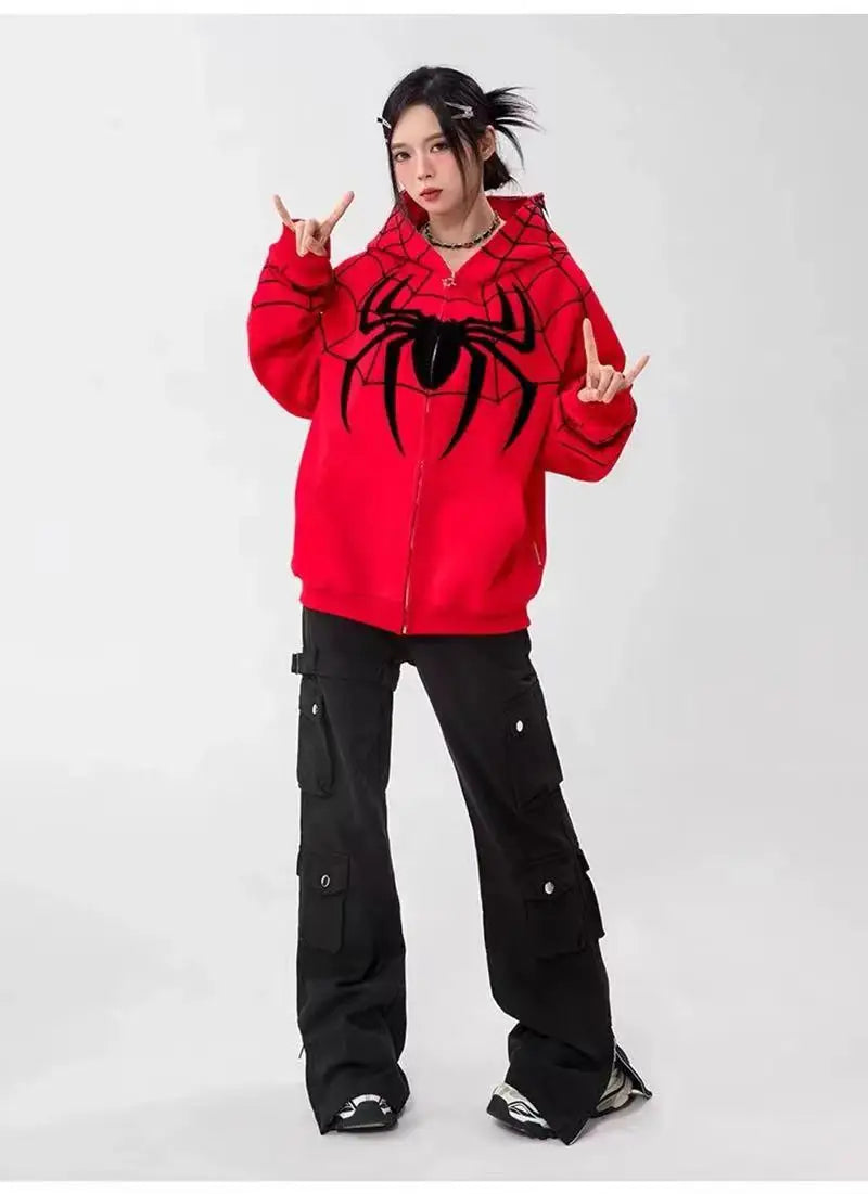 Gothic Y2k Anime Embroidery Zipper Spider Hoodies Men Sweatshirt Clothes Harajuku Oversize Hip Hop Long Sleeve Hoodie Men Women - reetell