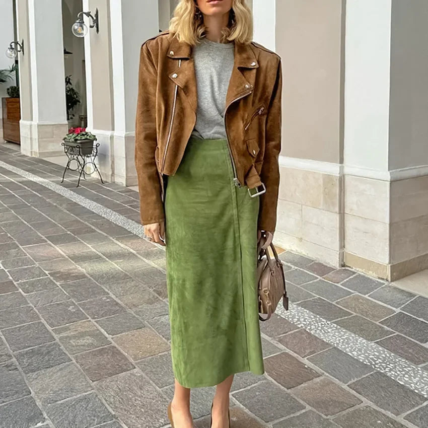 Fashion High Waisted Suede Straight Leg Skirt Women Spring Autumn Green Elegant Split Ziped Slim Mid Length Skirts Female New - reetell