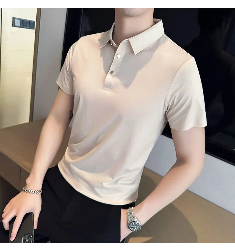 Ice Silk Traceless T-shirt Men's  Business Casual Solid Color Half Sleeve High Elasticity Top Silk Smooth Breathable POLO Shirt