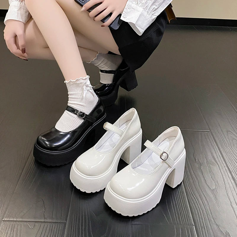 Fashion White Platform Pumps for Women Super High Heels Buckle Strap Mary Jane Shoes Woman Goth Thick Heeled Party Shoes Ladies