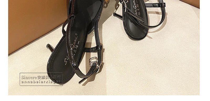 2024 New Pointed Black High Heels, Women's Thin Heels, Water Diamonds, One Line with Baotou Sandals and Button Single Shoes - reetell