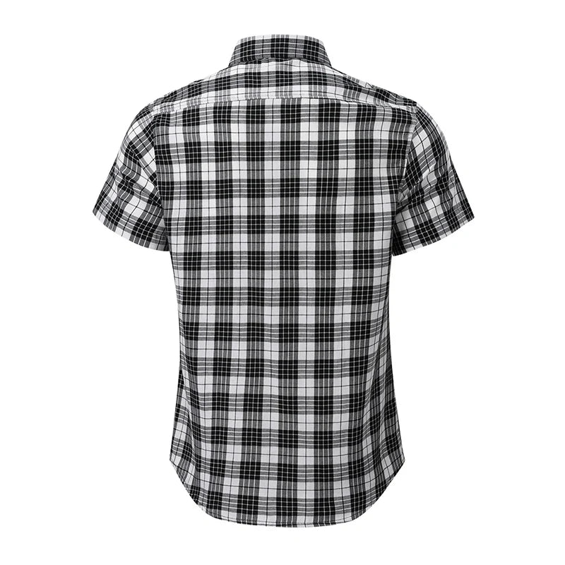 2023 New Men Casual Plaid Flannel Shirt Short Sleeved Chest With Pocket Design Fashion Printed-Button (USA SIZE S M L XL 2XL)