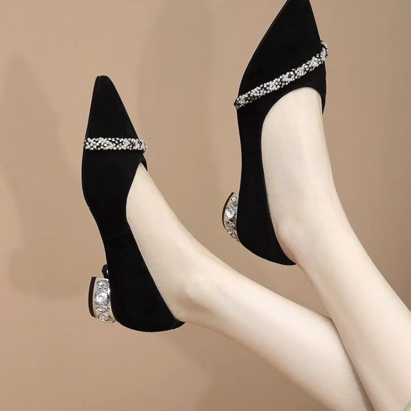 Women's Summer Footwear Diamond Shoes for Woman 2024 Rhinestone Office Low Heel Elegant with Crystals Black Stylish on Promotion