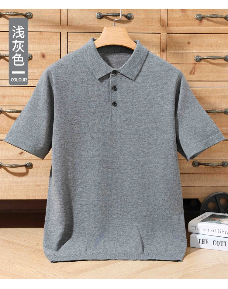 100% merino sweater summer men's lapel pullover short sleeve POLO neck sweater loose top knitted clothing plus size T-shirt