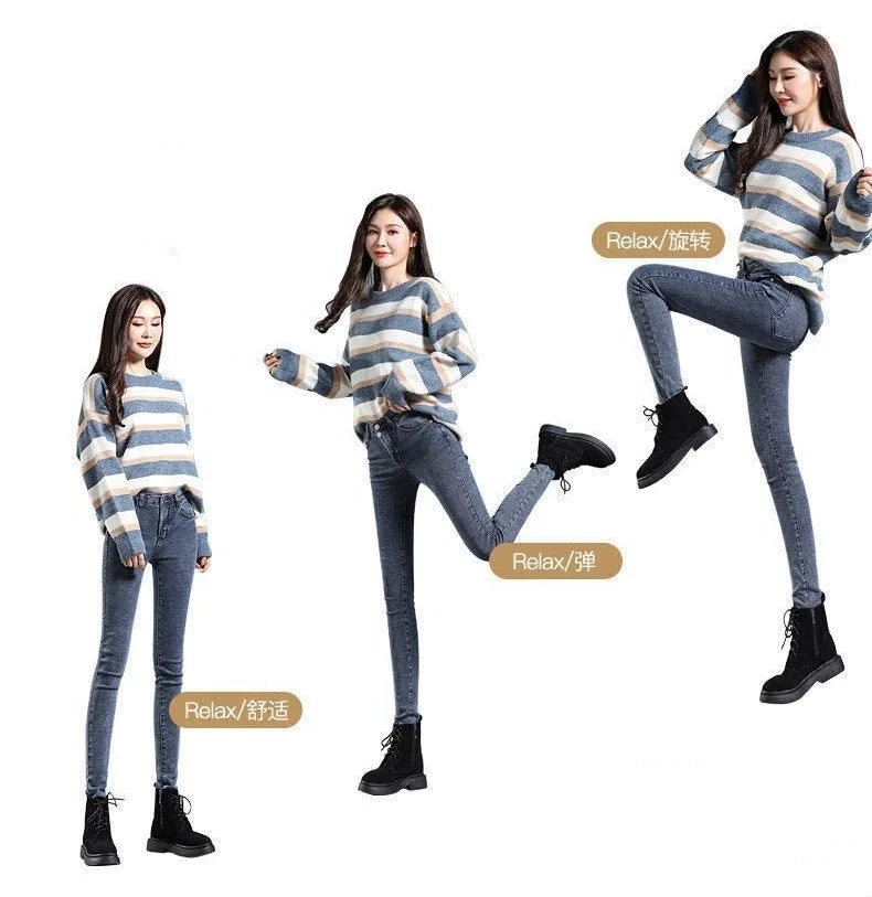 Spring Autumn and Winter Skinny Warm Jeans Women Velvet Ankle Length Casual Thick Pencil Pants Basic Fleece Denim Trousers - reetell