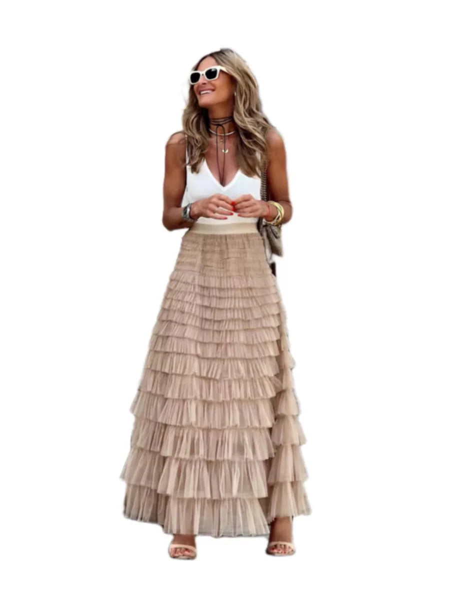 2024 New Casual Womens Solid Ball Gown Long Skirt Tulle High Waist Pleated Elegant Ladies Wild Mesh Dating Maxi Skirts Drop - reetell