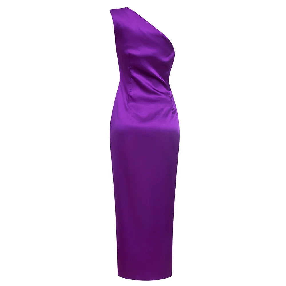 New Ladies Purple One Shoulder Sexy Skinny Draped Sleeveless Sequin Cutout High Slit Long Celebrity Party Dress - reetell