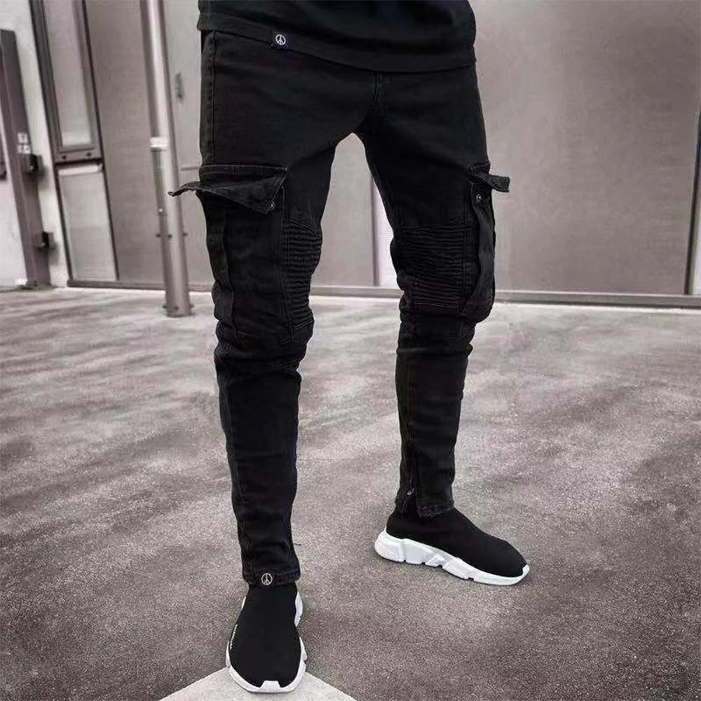 Fashion Streetwear Ripped Skinny Jeans Men Side Mulit Pockets Denim Cargo Pants Slim Fit Pantalones Hombre Soft Elastic Joggers - reetell