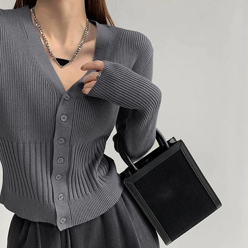 Korean Style Slim Fit Black Cardigan Woman Long Sleeve V Neck Cardigans Women 2024 Chic Solid Color Knitted Crop Tops Female - reetell