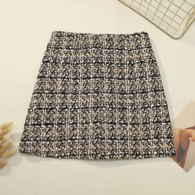 Fall Winter Plaid Tweed Skirt Womens Thick Woolen Pearl Button Front Pocket Glitter Mini Skirt Saia Feminina - reetell