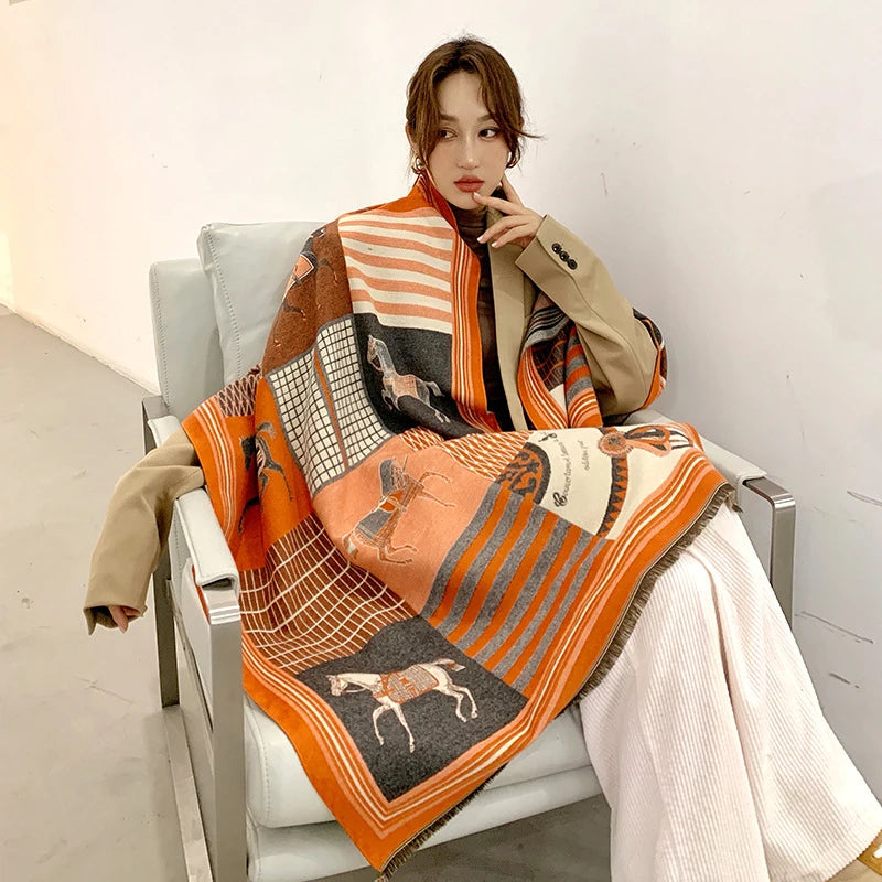 Women's Autumn Winter Horse Pattern Scarf New Luxury Cashmere Feeling Large Blanket Wrap Soft Warm Brand Shawl Retro & Classical - reetell