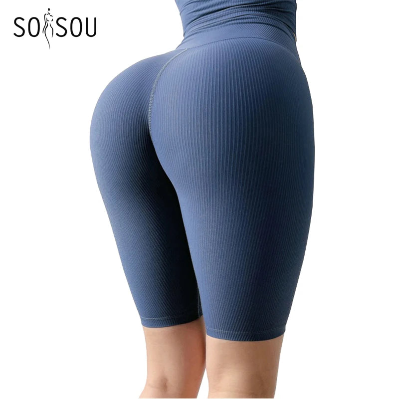 SOISOU Rib Fabric Women's Shorts High Waist Cycling Shorts Women Gym Running Yoga Shorts Tight Fitness Threaded Womens Clothing - reetell