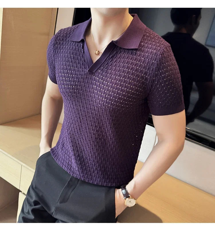 Men's Polo Shirt 2024 Summer New Light and Thin Knitted Hollow Solid Color Casual Short Sleeved V-neck T-shirt Men's Clothing