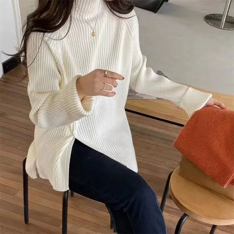 Women's Knit Sweater Off-white Loose Turtleneck Ladies PulloversButtons Slit Hot Sale Winter Offers Trend New Knitwear 2024 - reetell